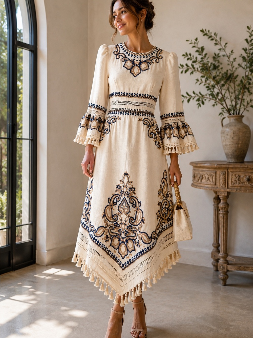 Zimmermann Cream Midi Dress with Navy Embroidered Detail